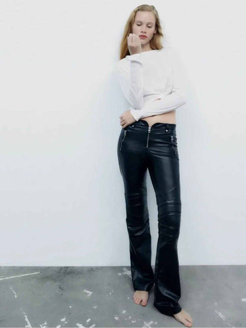 NWOT Zara Zipped Low Rise Boot Cut Moto Faux Leather Pants in Black Size XS